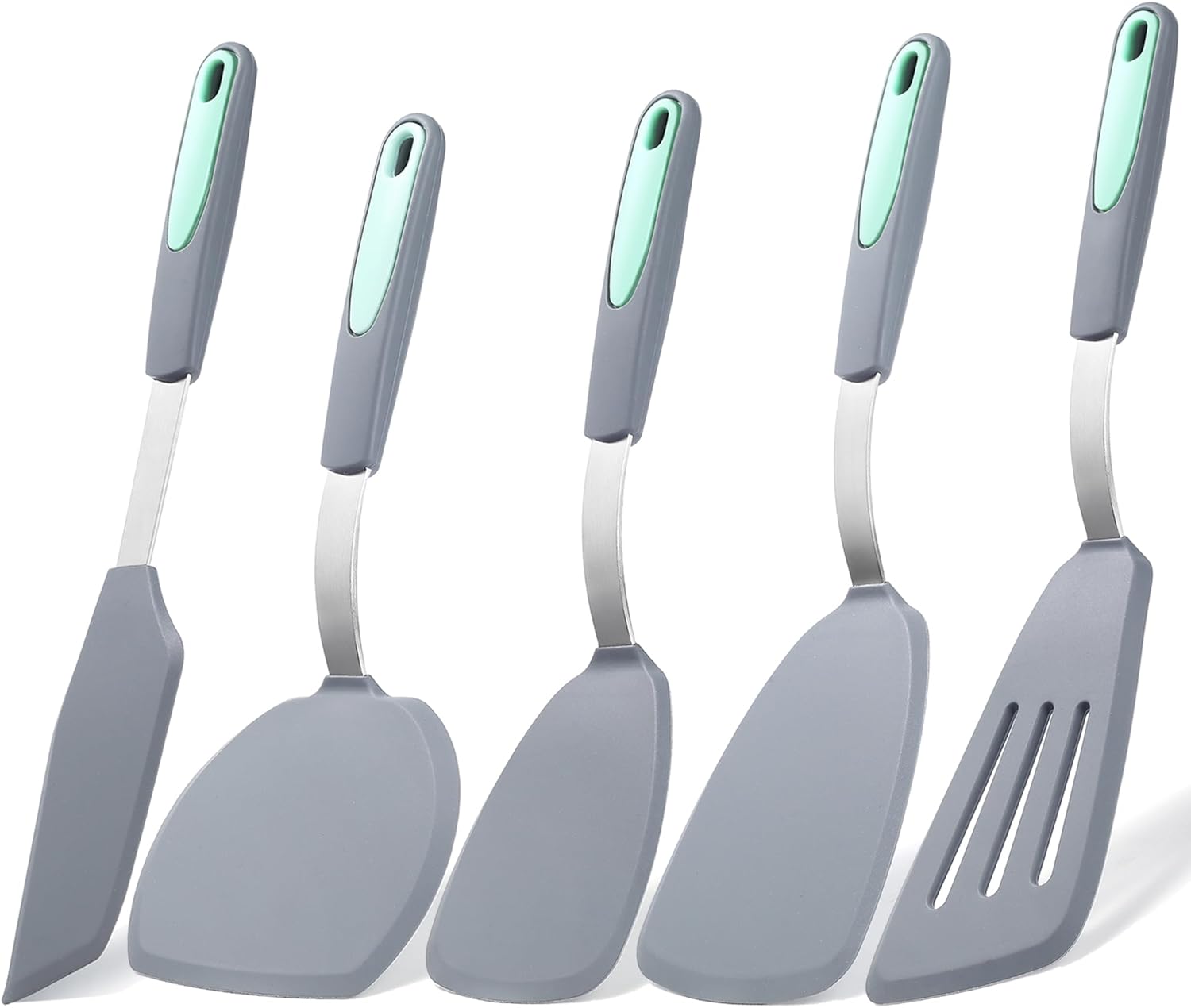 To encounter 5 Pieces Silicone Spatula Set, Non-Stick Silicone Turner Spatulas, Heat Resistance Cooking Utensils, Flip Turner for Fish, Egg, Pancake, Light Grey