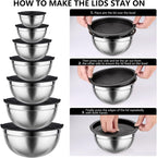 Mixing Bowls with Lids set - 25 PCS Stainless Steel Nesting Black Mixing Bowls Set for Baking, Mixing, Serving & Prepping, Size 5, 3.7, 2.8, 2.3, 1.7, 1.1, 0.7QT, 11 Cooking Utensils