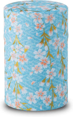NOREN Japanese Tea Canister Tin (Yuzen Washi Paper), 3.5oz Size Made in JAPAN with Includes Inner Lid of Airtight Damp-Proof/Kitchen Jar for Loose Leaf Coffee Tea (Sakura of Kyoto/Blue)
