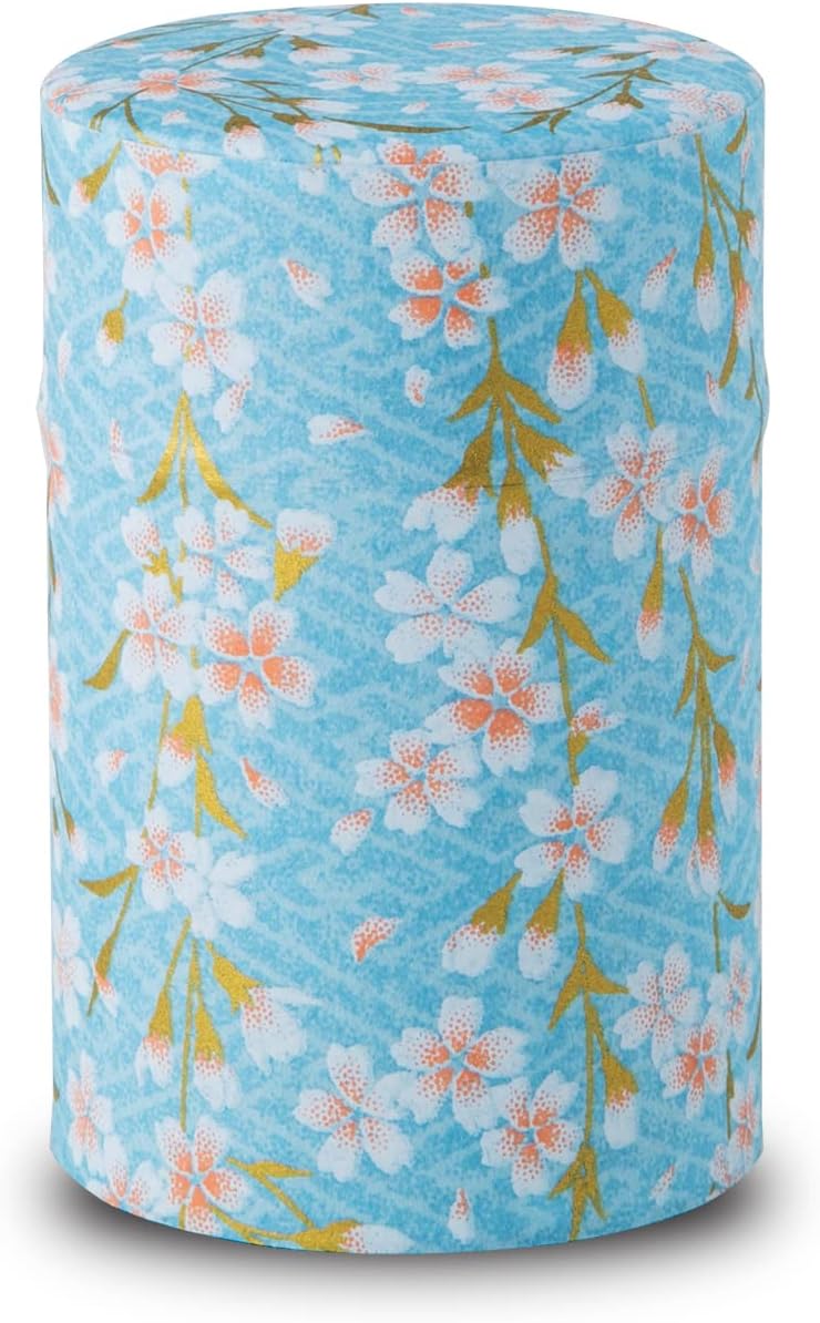 NOREN Japanese Tea Canister Tin (Yuzen Washi Paper), 3.5oz Size Made in JAPAN with Includes Inner Lid of Airtight Damp-Proof/Kitchen Jar for Loose Leaf Coffee Tea (Sakura of Kyoto/Blue)
