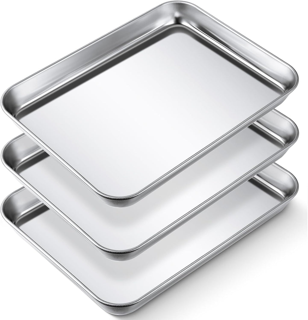 3 Pcs Baking Sheet Pan Set 9 x 6.7 x 1 Inches Cookie Sheet Small Toaster Oven Stainless Steel Tray Barbecue Grill Rectangle Trays, Non-stick, Easy Clean