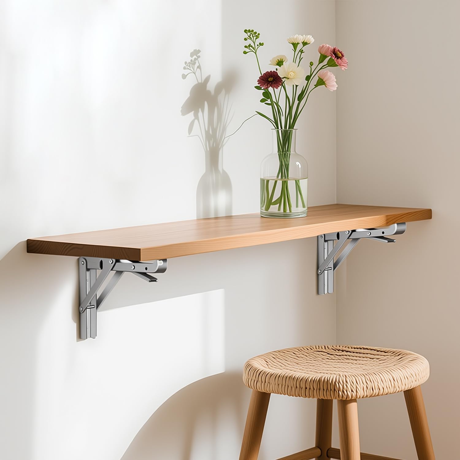 10 Inch Folding Shelf Brackets, 2 Pack Collapsible Heavy Duty Shelf Brackets for Fold Down Desk, Stainless Steel