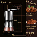 Precision Manual Coffee Grinder Large Capacity for Home Use, 8 Adjustable Coarseness Setting, Ceramic Burr Hand Held Stainless Steel Espresso Bean Mill for Travel Camping, Easy to Clean