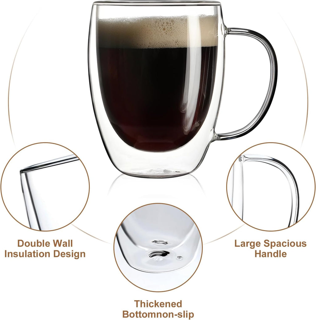 Aurzen 2 Pack Double Walled Glass Coffee Mugs with Handles, Large Insulated Layer Coffee Cups, 12oz Clear Borosilicate Mugs, Perfect for Cappuccino, Tea, Microwave Safe
