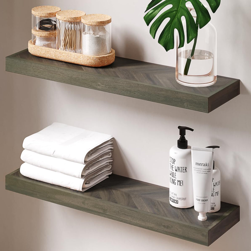 24" Acacia Chevron Floating Shelves Set of 2 - Wall Mounted Wooden Shelf for Stylish Home Décor - Mocha Color - 24x6.7x1.5 Inches