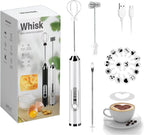 Rechargeable Milk Frother - 3-Speed Electric Handheld Coffee Mixer With 2 Whisks and Decoration Tool, Stand-up Design for Latte, Cappuccino, Cream (White)