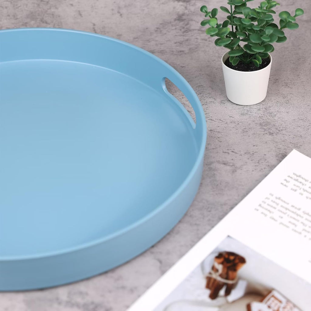 Round Blue Decorative Serving Tray with Handles, 13” Versatile Ottoman Tray for Coffee Table, Entertaining, Outdoor Patio, Living Room