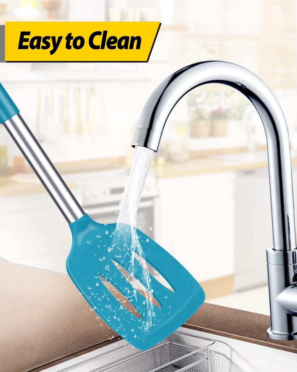 Pack of 2 Silicone Solid Turner, Non Stick Slotted Kitchen Spatulas, High Heat Resistant BPA Free Cooking Utensils, Ideal Cookware for Fish, Eggs, Pancakes(Blue)