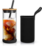 Tronco 20oz Glass Cups With Bamboo Lids and Straws,Iced Coffee Cup Reusable, Smoothie Cups,Glass Tumbler With Straw,Wide Mouth Tumbler with Nylon Protective Sleeve - BPA Free