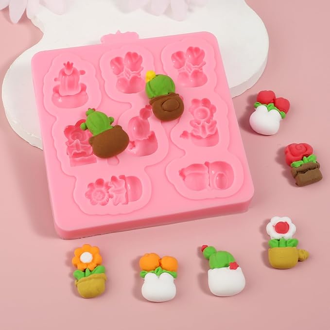 1 Pcs Mini Cactus Silicone Mold, Cartoon Flower Plant Potted Fondant Mold for Cupcake Topping Candy Chocolate Biscuit Chewing Gum Resin Clay Resin Reusable Kitchen Baking Supplies