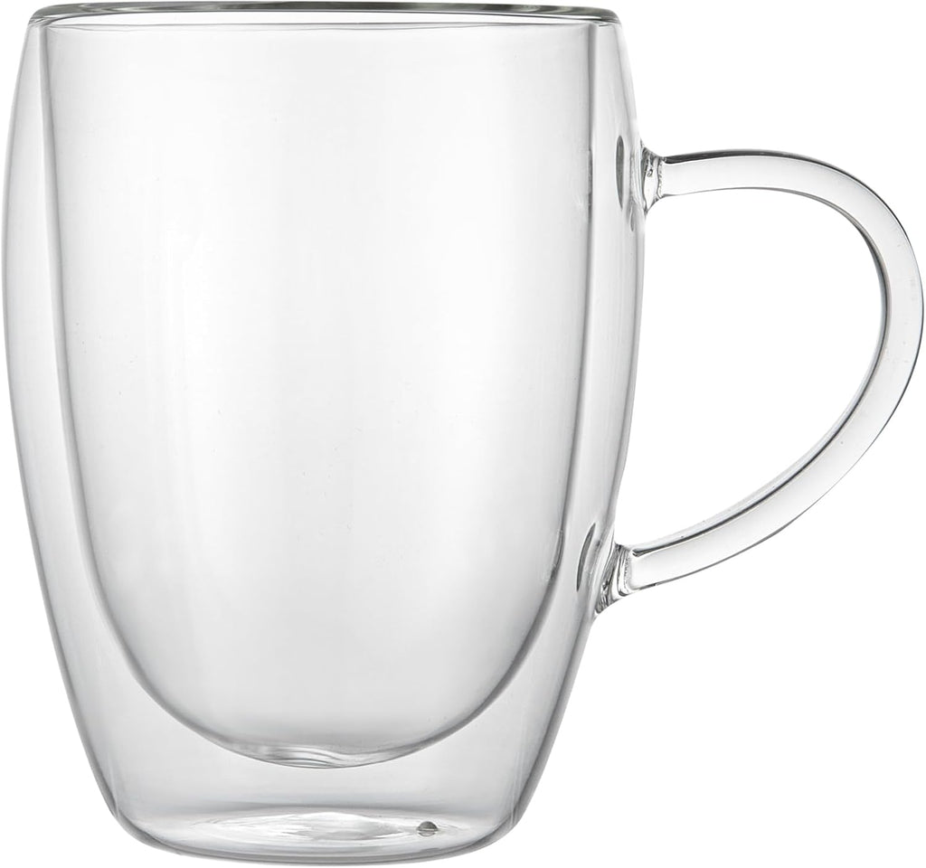 Restaurantware-Forma Professional 11.8 Ounce Glass Coffee Cups, 2 Insulated Coffee Cups With Handle - Dishwashable, Reusable, Clear Double Wall Beverage Tumblers, Freezable, For Hot Or Cold Beverages