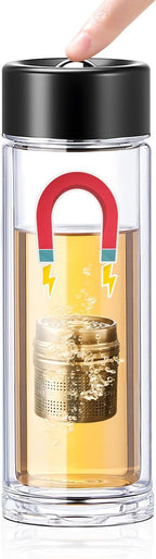 MagnaDrop Tea Tumbler – Double Wall Glass Tea Infuser Cup with Magnetic Steep Control & Bead Switch, Leakproof Travel Mug for Loose Leaf, 12.5oz