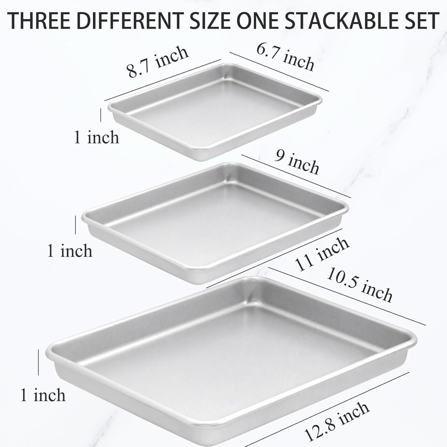 3-Piece Nonstick Baking Pans Set of 3 - Nonstick Rectangle Sheet Cake Pans, 13/11/9 Inch Metal Oven Tray for Cooking Jellyroll, Stackable Bakeware Set