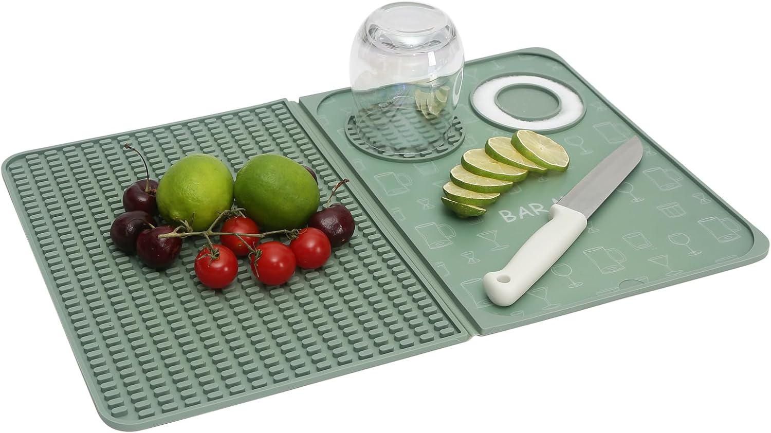 Foldable Bar Mat 18x12 inch - 3-in-1 Silicone Drying Mat with Removable Cutting Board & Rim Tray | Countertop Protector for Home, Outdoor, Travel | Professional Cocktail Accessories (green)