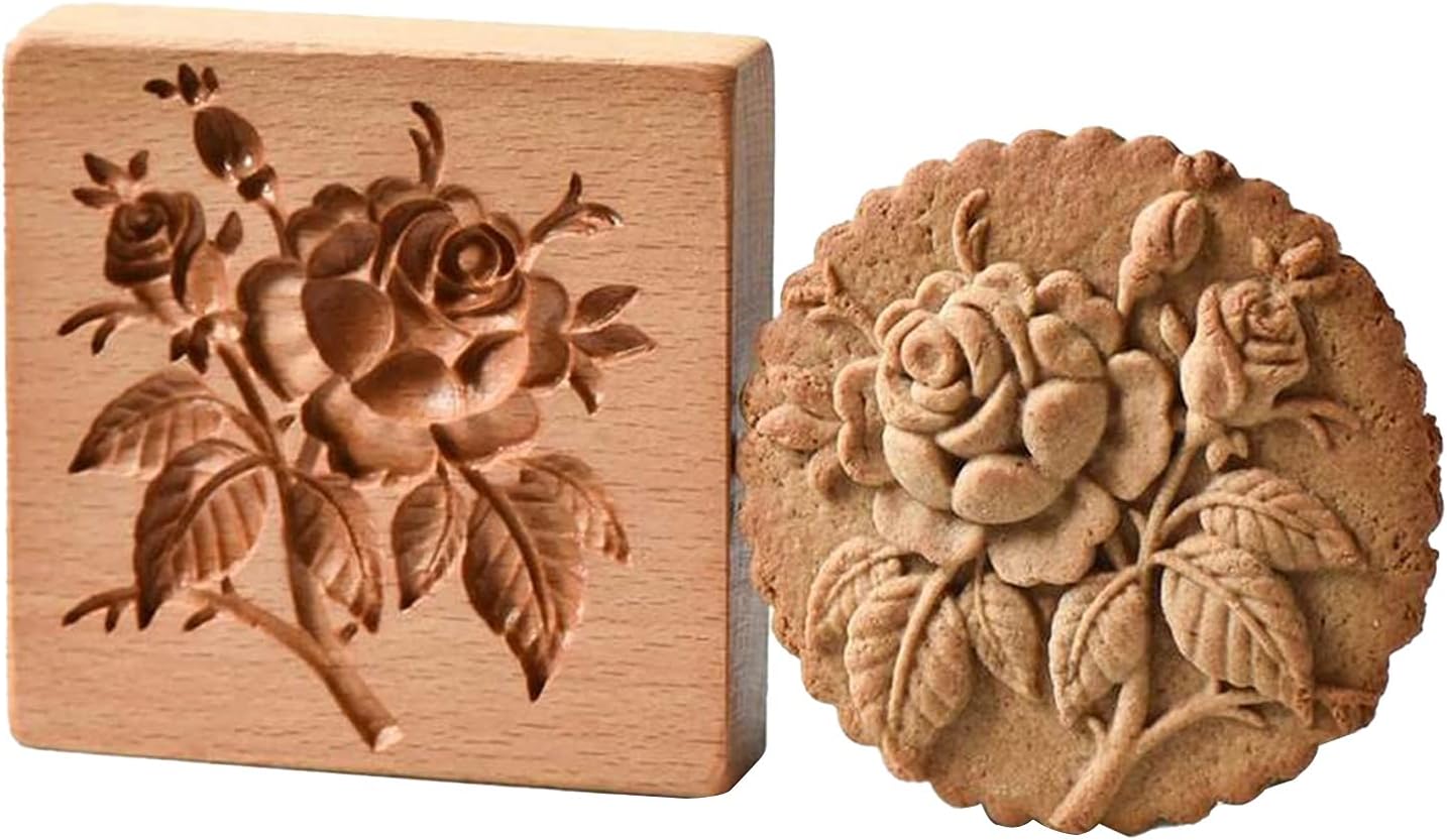 Wooden Cookie Biscuit Mold, 3D Baking Mold, Embossing Craft Decorating Baking Tool, Suitable for Halloween Thanksgiving Christmas Kitchen DIY (Rose 10 * 10 * 2)