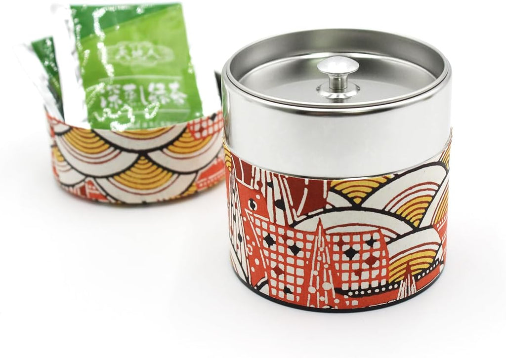 Japanese Pokkan Coffee Spice Tea Tin Canister Washi Paper Storage with Lid 7.05 oz Capacity (Modern Seigaiha, S)