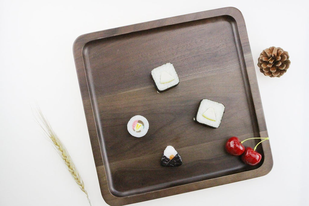 Rustic Walnut Wooden Tray Solid Wood Serving Tray Square Rectangle Platter Tea Tray Coffee Table Tray (Large Square with Grooves（11x11x1inch）)