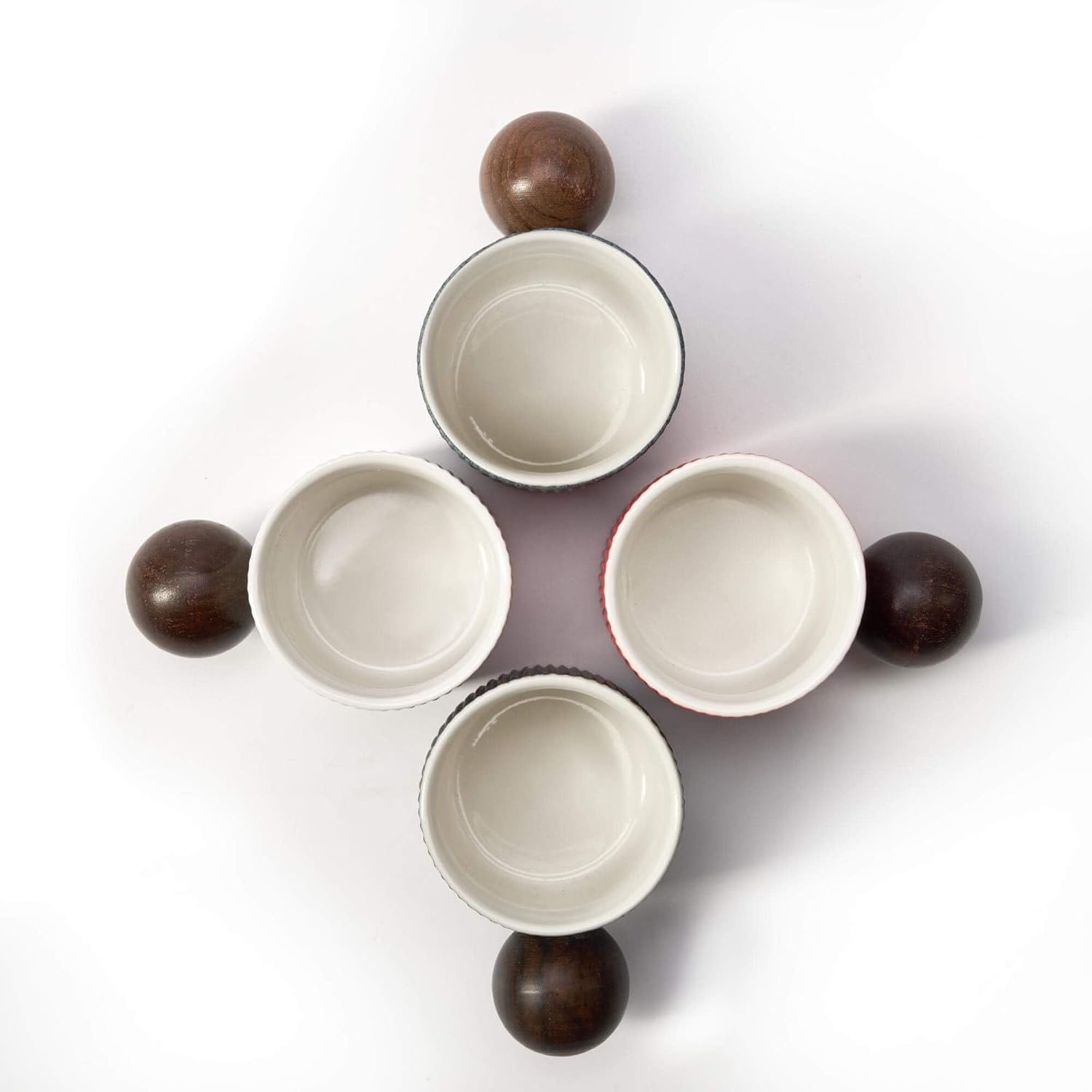Ceramic Mini Espresso Cups Demitasse Cups with Round Wooden Handle Vertical Stripes Tea Cups (white, 4pcs)