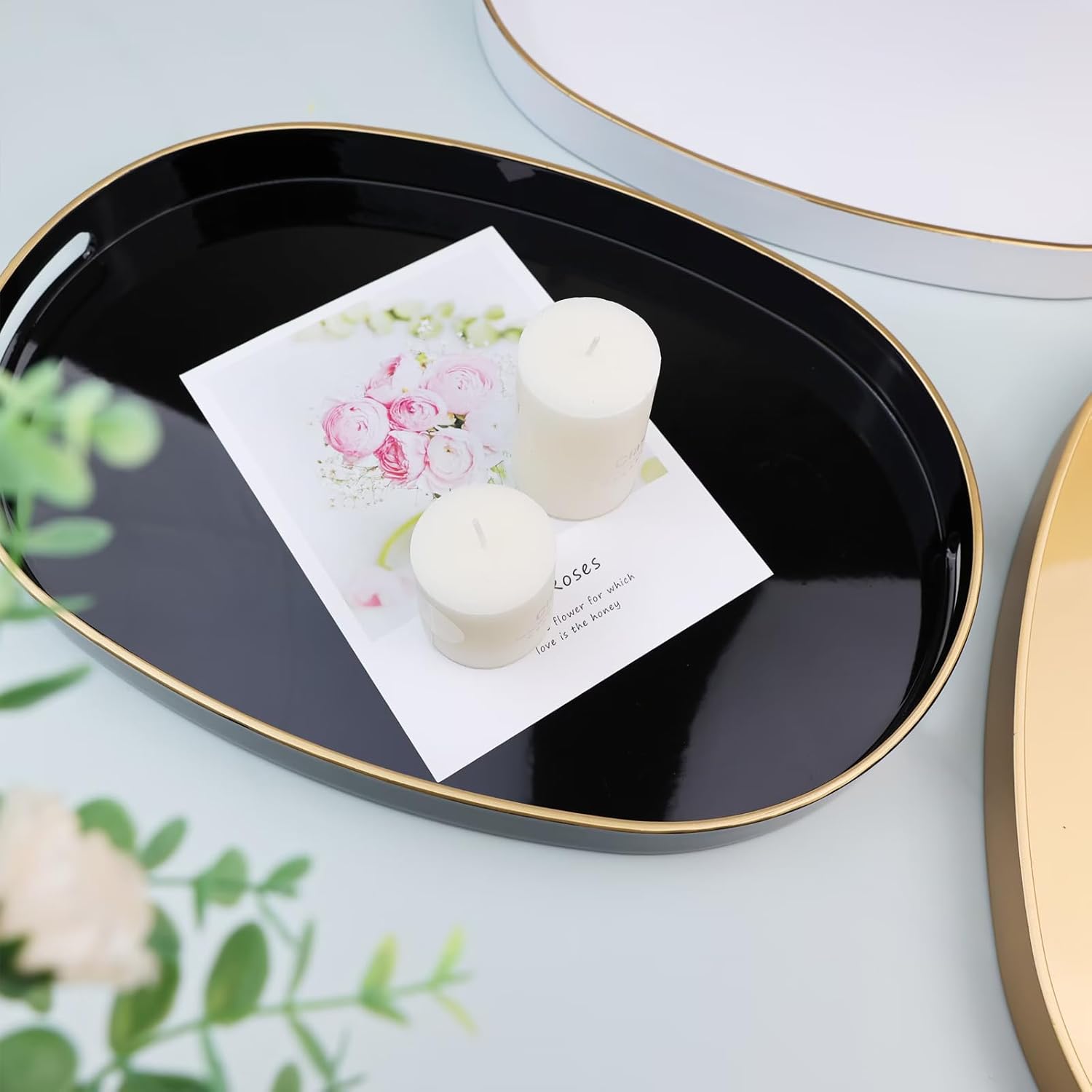 Black Oval Decorative Tray with Handles, Versatile Serving Tray for Coffee Table, Ottoman, Ideal for Serving, Displaying, Organizing