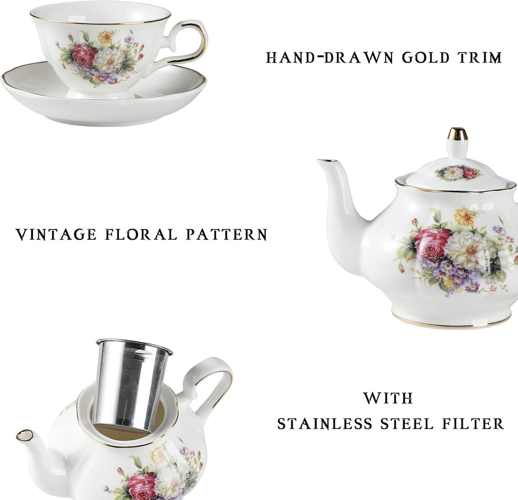Sweejar Porcelain Tea Sets, Vintage British Floral Relief Gold Rimmed Teapot Cup and Saucer Set, Tea Set Service for 6, with Teapot, Sugar Bowl, Milk Jug, Spoons, Tea Cup and Saucer (Flower Style)