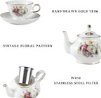 Sweejar Porcelain Tea Sets, Vintage British Floral Relief Gold Rimmed Teapot Cup and Saucer Set, Tea Set Service for 6, with Teapot, Sugar Bowl, Milk Jug, Spoons, Tea Cup and Saucer (Flower Style)