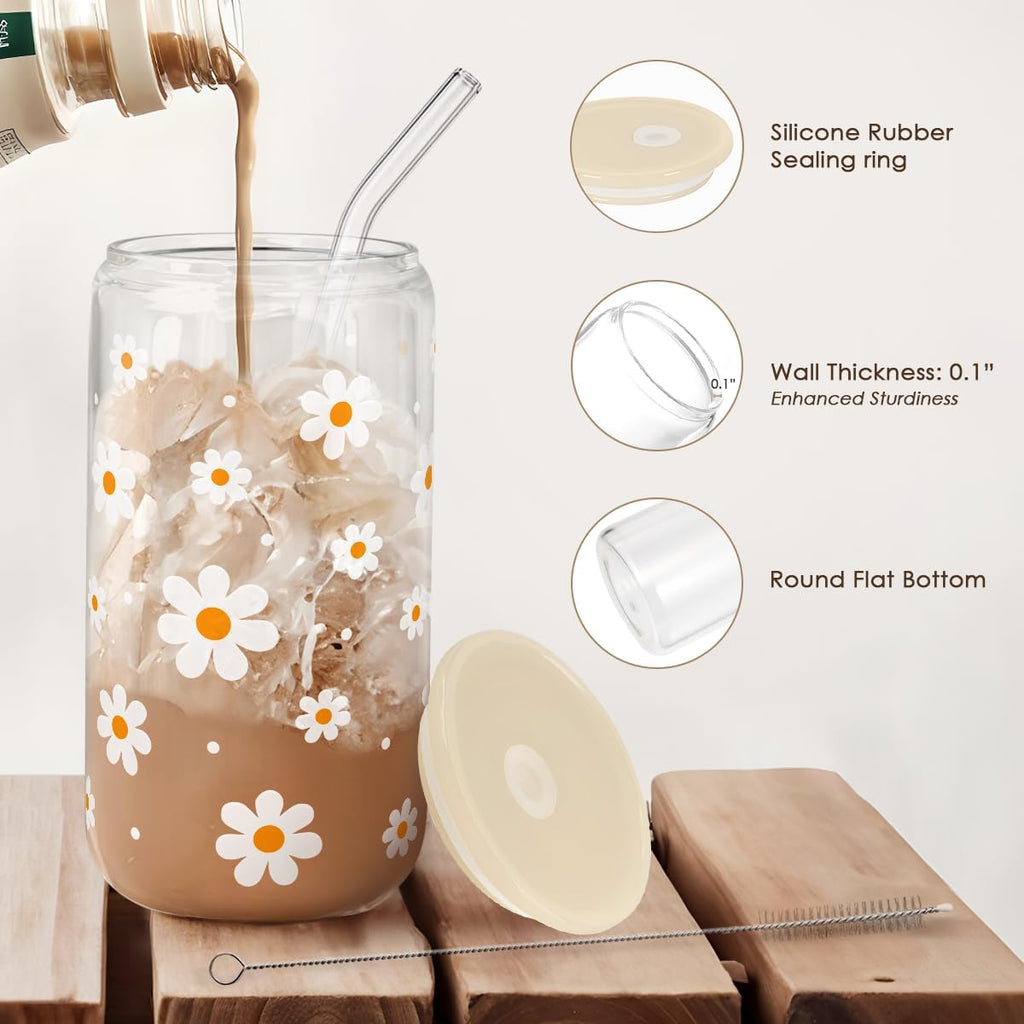 Daisy 16 Oz Can Glass Tumbler with Acrylic Lid and Straw - Iced Coffee Cups for Women, Aesthetic Glass Cup Gift for Birthday Christmas