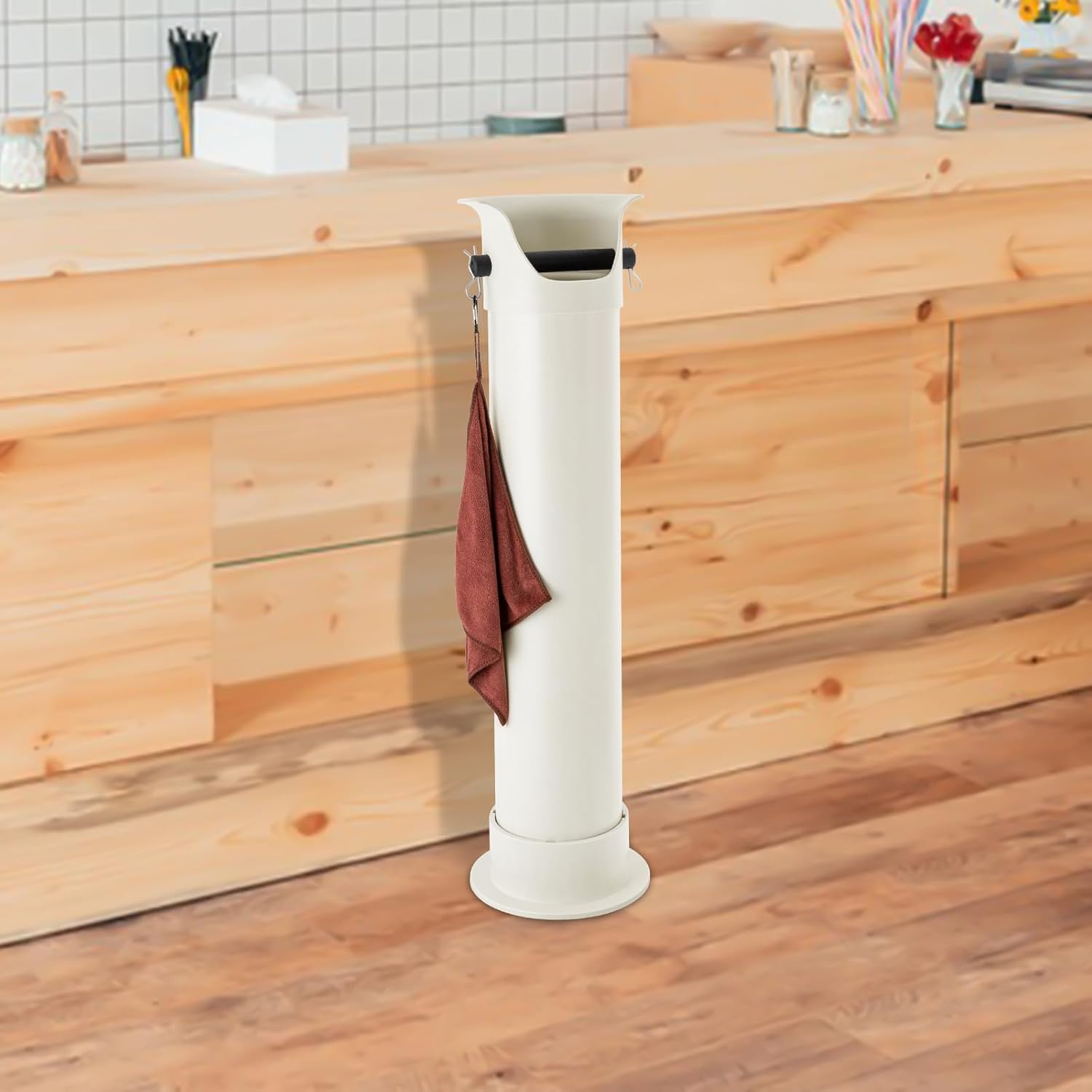 Espresso Coffee Knock Box, Commercial Knock Box for Espresso Coffee Grounds, Floor Standing Coffee Knock Box with 30pcs Garbage Bags and Towel (White)