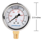 Glycerin Filled Low Pressure Gauge 15psi/1bar, Stainless Steel case, Brass Inside Construction, 2-1/2" dial, 1/4" NPT Rear Connection.
