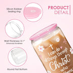 SANDJEST Christian Glass Can Tumbler 16oz, Inspirational Glass Cup with Lid & Straw, Iced Coffee Aesthetic Cups for Women Girls, Gifts Idea for Christmas Birthday