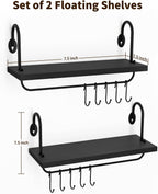 Olakee Floating Wall Shelves for Kitchen Bathroom Coffee Nook with 10 Adjustable Hooks for Mugs Cooking Utensils or Towel Rustic Storage Shelves Set of 2/17x5.9 inch (Black)