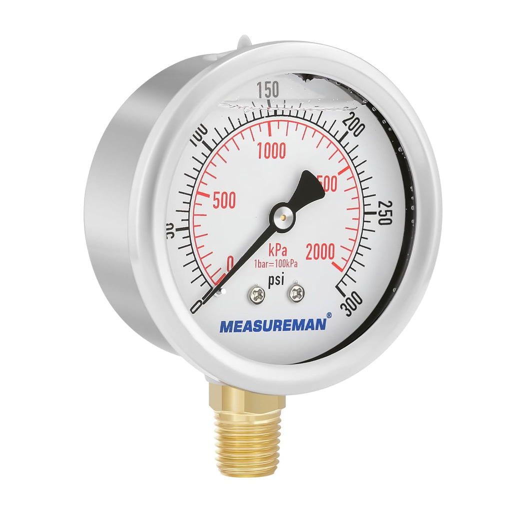 MEASUREMAN 2-1/2inch Dial Size, Glycerin Filled Pressure Gauge, 0-300psi/kpa, 304 Stainless Steel Case, 1/4 inchNPT Lower Mount
