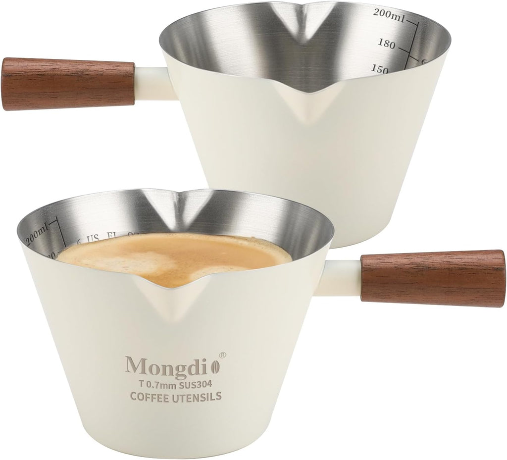 Mongdio 2 Pcs Espresso Measuring Cup, Stainless Steel Espresso Shot Cups with Wooden Handle and Double Spouts, 6.8OZ/200ML, White