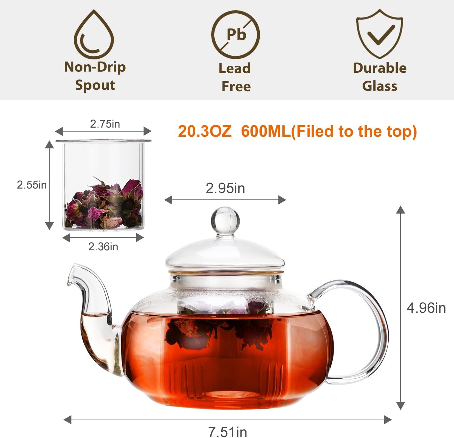 CNGLASS Glass Teapot Set,20oz Clear Tea Pot with 4 Double Wall Teacups,Stovetop Safe Tea Kettle,Blooming Loose Leaf Tea Maker Gift,Microwave Dishwasher Safe