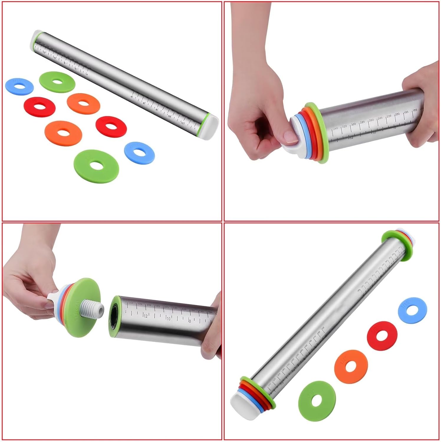 Stainless Steel Rolling Pin and Silicone Mat Set, Adjustable Thickness Rings - For Baking Dough, Pizza, Pies, Pastries, Pasta, Cookies