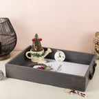 GoCraft Handmade Wooden Tray with Metal Handles – 15" x 11" x 2.5" Decorative Serving Tray in Grey Washed Finish – Versatile Tray for Breakfast in Bed, Lunch, Dinner, Appetizers, Coffee Table