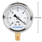 Glycerin Filled Pressure Gauge with 304 Stainless Steel Case, 2.5" Dial Size, 30InHg/0, High Accuracy, 1/4" NPT Center Lower Mount with Single Scale…