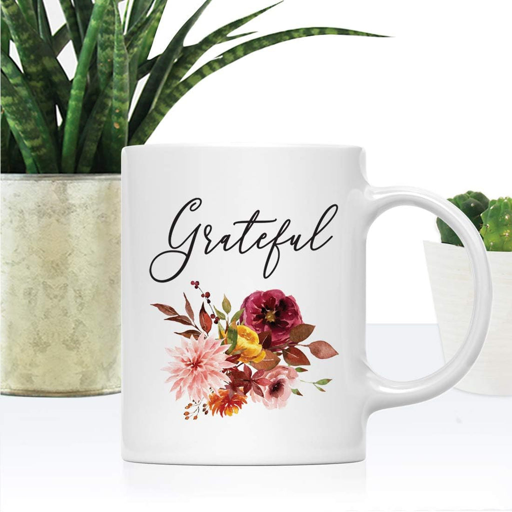 Andaz Press Fall Burgundy Marsala 11oz. Ceramic Coffee Tea Mug, Grateful, 1-Pack, Floral Blooms Graphic, Birthday, Friend, Family, Coworker, Autumn Season, Festive Thanksgiving Ideas