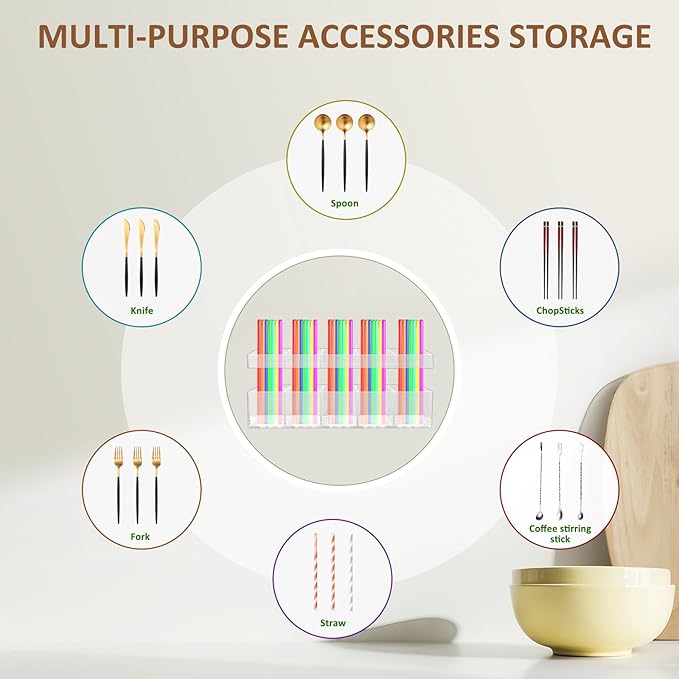 9.8” Acrylic Straw Holder with Double Sided Adhesive Tape Reusable Tumbler Straw Organizer Storage Container for Counter Cabinet Cupboard Kitchen( Large)