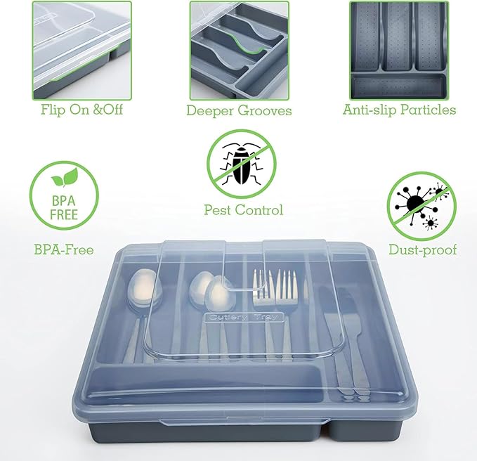 Silverware Organizer with Cover, Portable Cutlery Holder Flatware Tray with Lid Plastic Silverware Storage Box (Dark Gray)