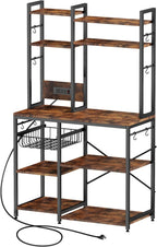 Standing Kitchen Baker’s Rack, Bakers Rack with Power Outlet, 6-Tier Microwave Stand, Coffee Bar with 12 S-Shaped Hooks, Kitchen Shelf with Storage, Coffee Bar Station, for Rustic Brown