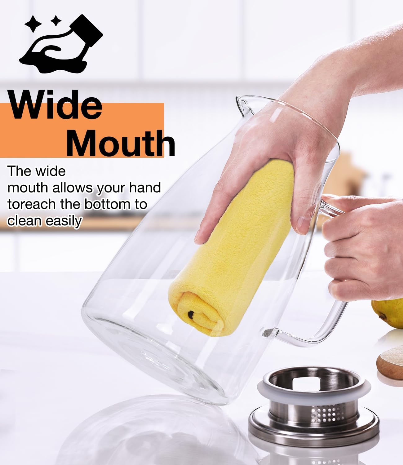 Glass Pitcher with Lid, 2 Liter 68oz Water Pitcher with Handle and Spout for Fridge, Borosilicate Glass for Iced Tea, Juice, Sangria, Cold/Hot Beverage, Large Jug with 2 Silicone Rings