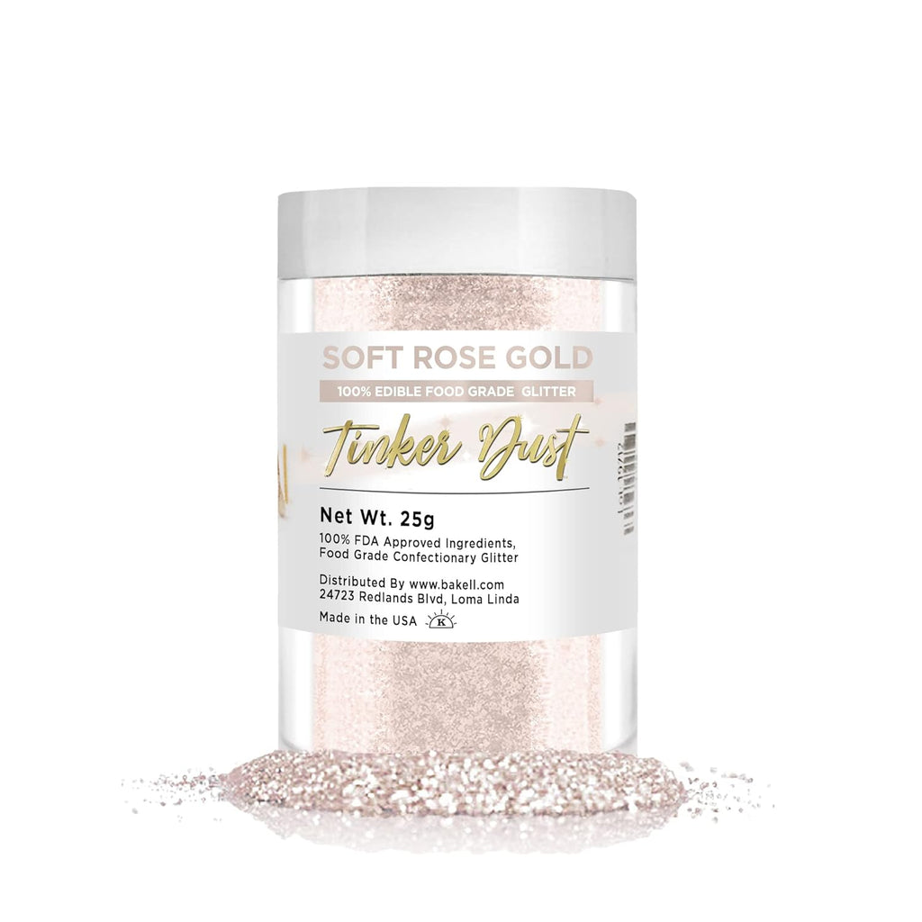 BAKELL Soft Rose Gold Edible Glitter, 25 Grams | TINKER DUST Edible Glitter | KOSHER Certified | 100% Edible Glitter | Cakes, Cupcakes, Cake Pops, Drinks, Dessert Vegan Glitter & Dusts (25g, Soft Rose Gold)