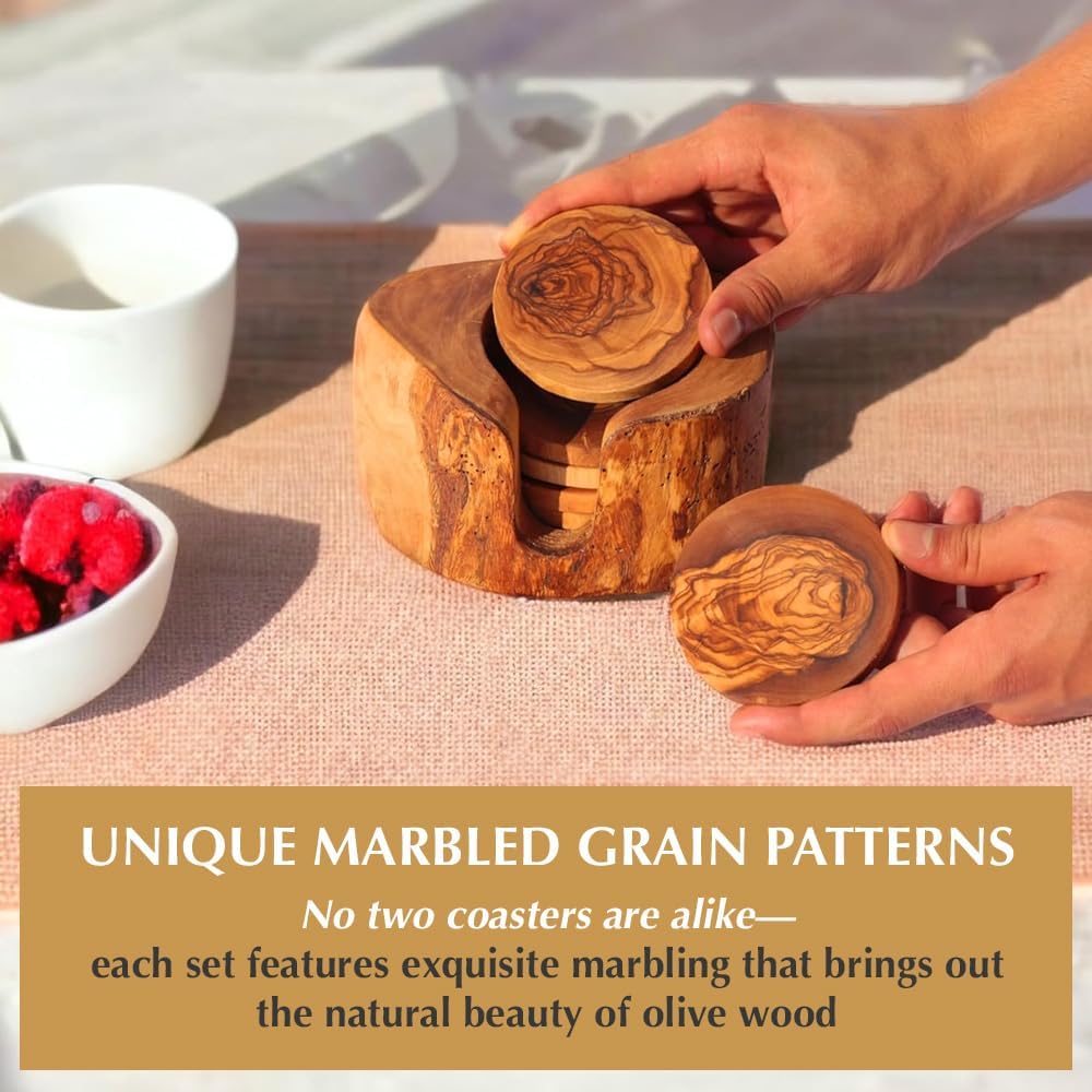 Kamsah Olive Wood Coasters Set of 6 & Holder - Handmade, Natural, Durable Wooden Coasters for Drinks - Round, Rustic, Farmhouse Coaster for Table, Bar, Desk, Coffee Table, Kitchen, & More