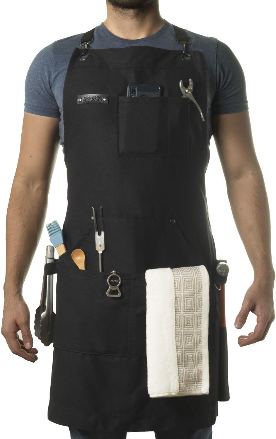 Asaya Chef and BBQ Apron with Bottle Opener and Hand Towel - 10oz Cotton Canvas, Stainless Steel Hardware - Cross Back Straps
