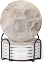 Set of 6 Abstract Marble Coasters with Holder, Absorbent Ceramic Coasters for Drinks, Coasters with Cork Backing for Table Protection, Housewarming Gifts for New Home