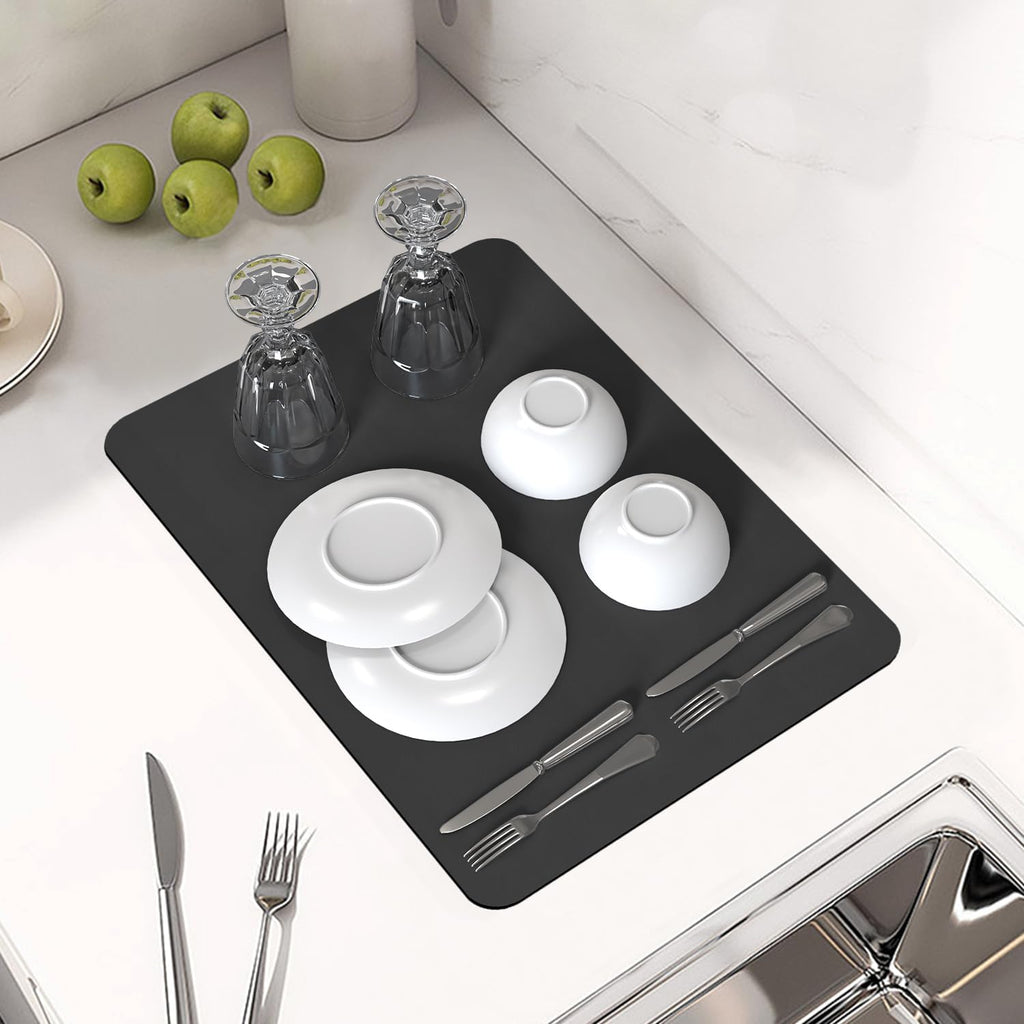 PoYang 17"x12" Coffee Mat Small, Coffee Bar Accessories for Countertop, Absorbent Dish Drying Mat, Anti-Slip and Hide Stain Pad for Espresso Machine, Espresso Maker and Kitchen Counter, Black