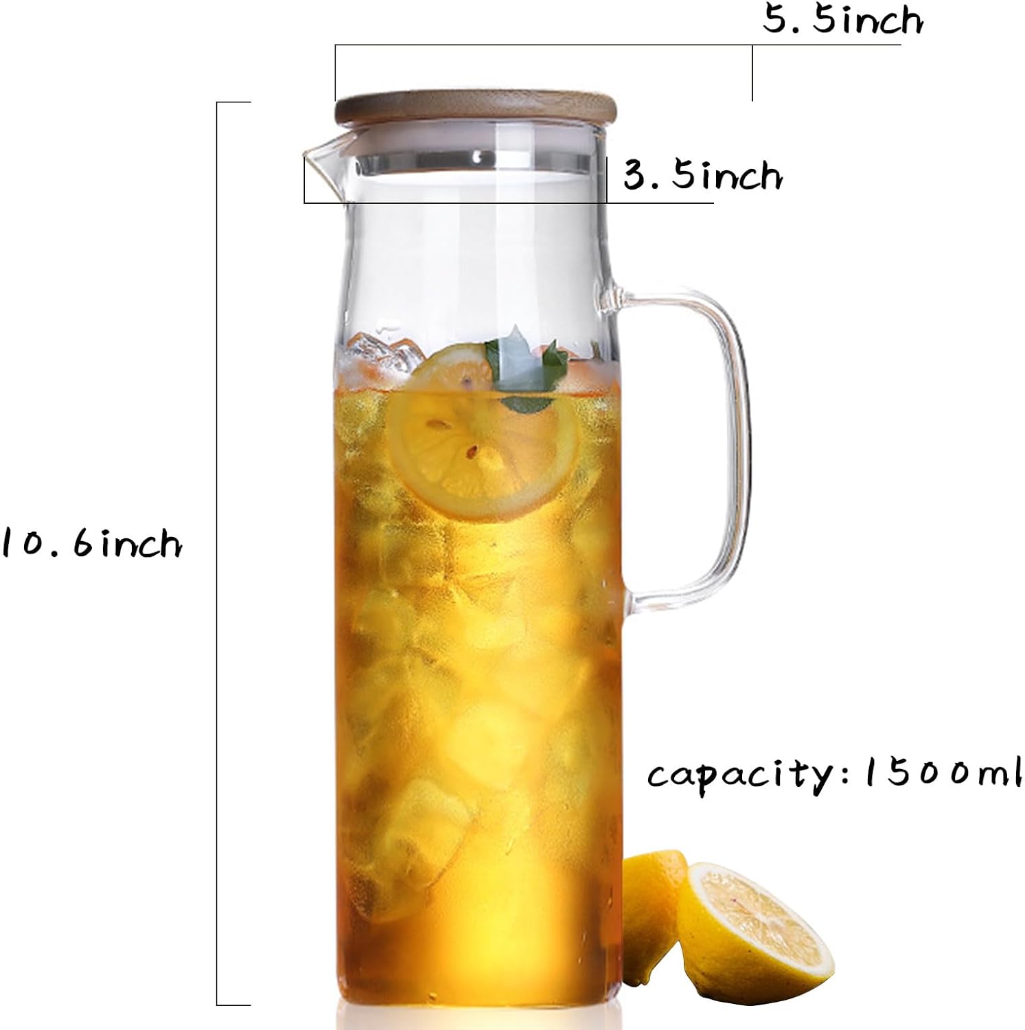 hjn Glass Water Pitcher with Lid Glass Carafe with Handle, Fridge Water Jug for Cold or Hot Beverages, Iced Tea, Milk, Juice 1500ml/51oz & bamboo lid