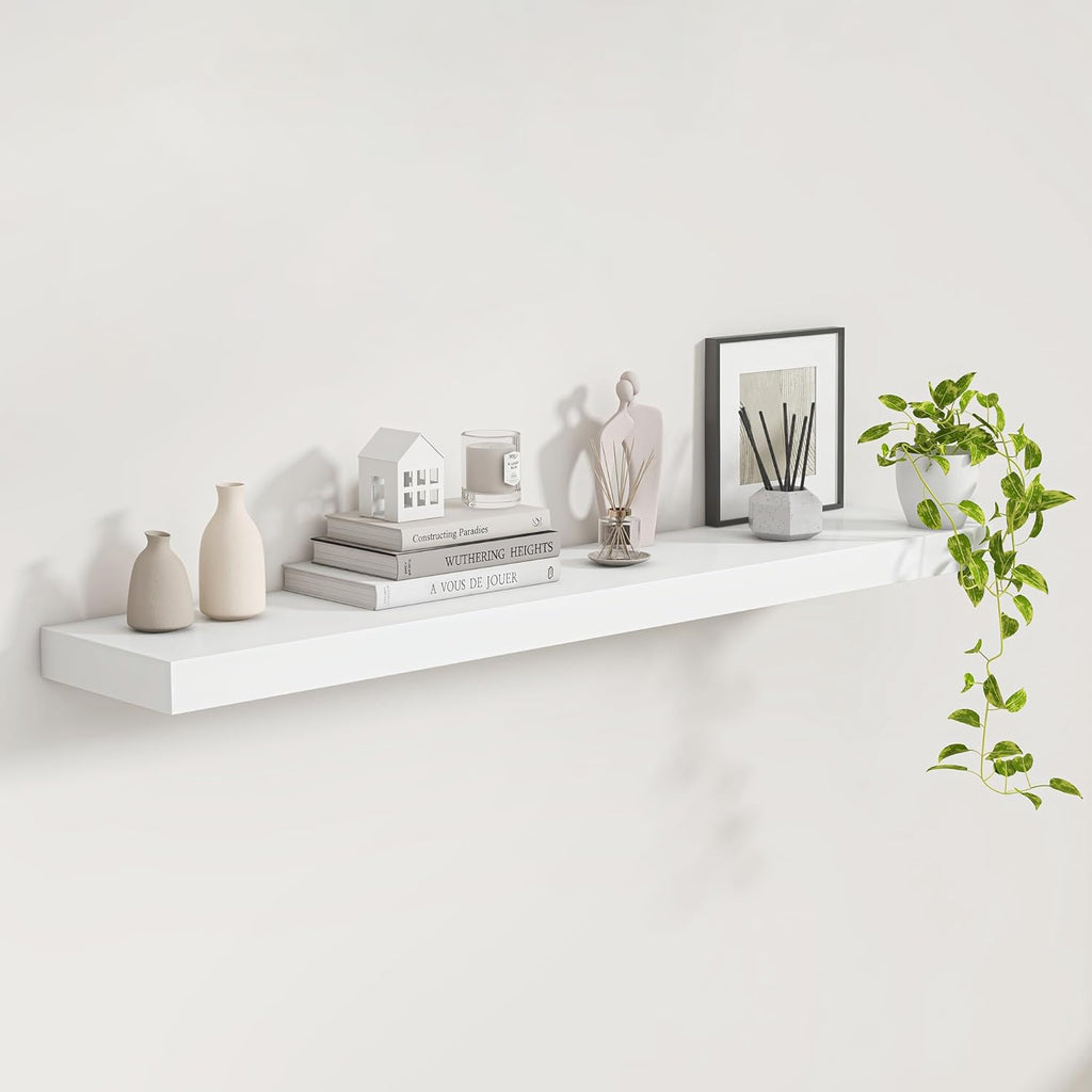 Fun Memories White Floating Shelves 48 InchLong, 9 Inch Deep Floating Shelves, Solid Wood Shelves for Home Decor, Deep Storage & Display Shelves for Living Room, Bathroom, Kitchen, Set of 1