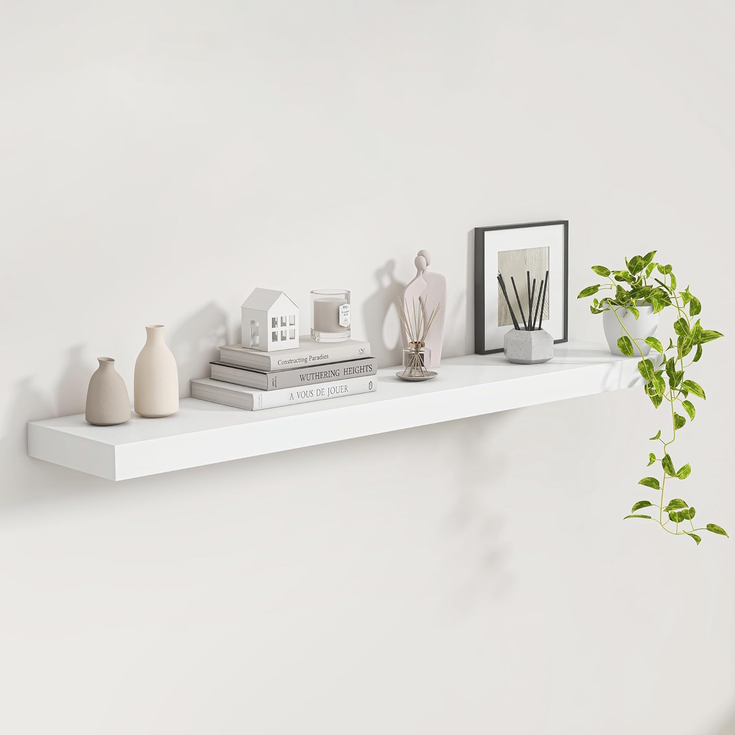 Fun Memories White Floating Shelves 48 InchLong, 9 Inch Deep Floating Shelves, Solid Wood Shelves for Home Decor, Deep Storage & Display Shelves for Living Room, Bathroom, Kitchen, Set of 1