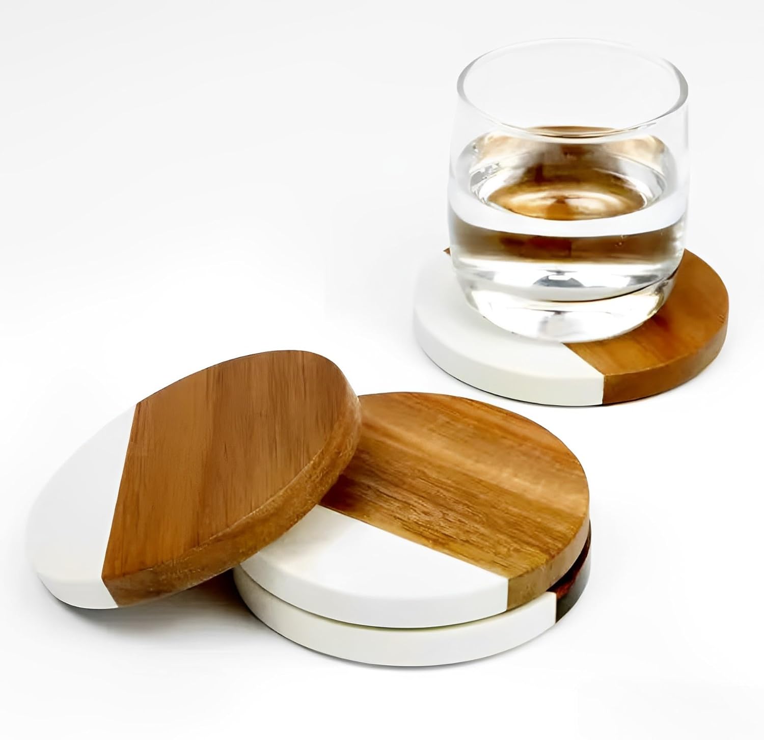 I-LAN 8Packs Round Natural Wood and Marbel Style Drink Coasters for Coffee Wooden Table, Drink Bar Coaster Set/Tea Table Coasters for Living Room,Beer Cans,Bar Glasses,4 x 4 Inch